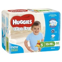 Huggies Ultra Dry Nappies Size 5 Boy 13-18kg Bulk 32 Pack DryTouch Layer