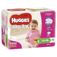 Huggies Ultra Dry Nappies Size 5 Girl 13-18kg Bulk 32 Pack DryTouch Layer