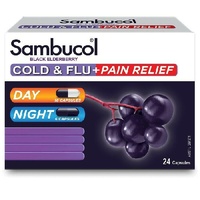 Sambucol Cold and Flu + Pain Relief 24 Capsules Reduce Severity of Cold