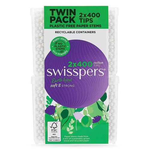 Swisspers Earth Kind Cotton Tips With Paper Stems Twin Pack 2x400 Pack