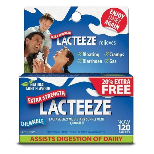 Lacteeze Extra Strength 120 Tablets Chewable Lactase Enzyme Dietary Supplement