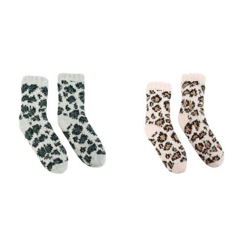 Annabel Trends Slipper Socks Ocelot Design With Sherpa Lining Grip Soles