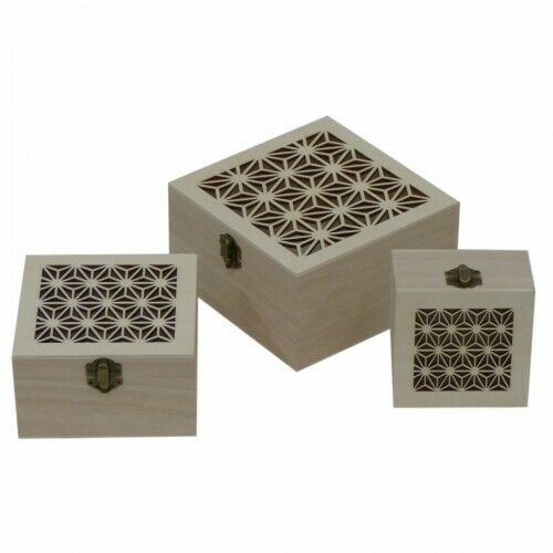 Boyle Wood Laser Cut Square Box With Catch Set 3 Home/Office D????cor Art