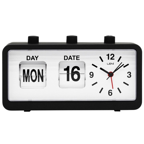 Leni Flipper Table Alarm Clock Day & Date - Black - 11 x 20 x 5cm