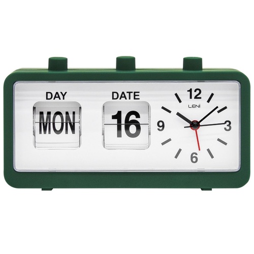 Leni Flipper Table Alarm Clock manual flip Day Date Forest Green 11 x 20 x 5cm