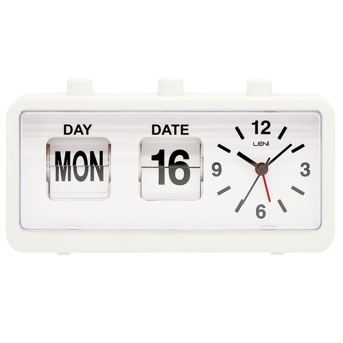 Leni Flipper Table Alarm Clock Day & Date White 11 x 20 x 5cm