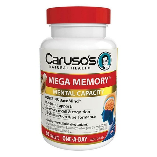 Carusos Mega Memory Tablets 60 Contains clinically trialed BacoMind