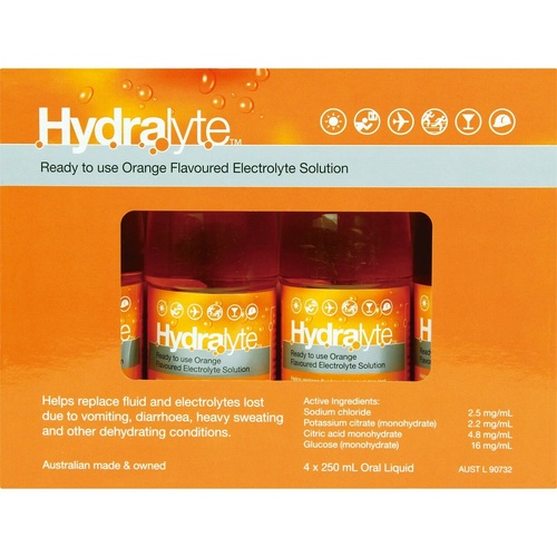 Hydralyte Solution 4X250ml Orange Helps Replace Electrolytes