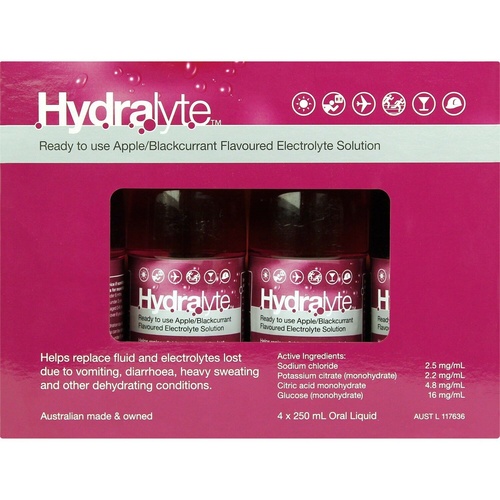 Hydralyte Solution 4X250Ml Apple and Blackcurrant Helps Replace Electrolytes