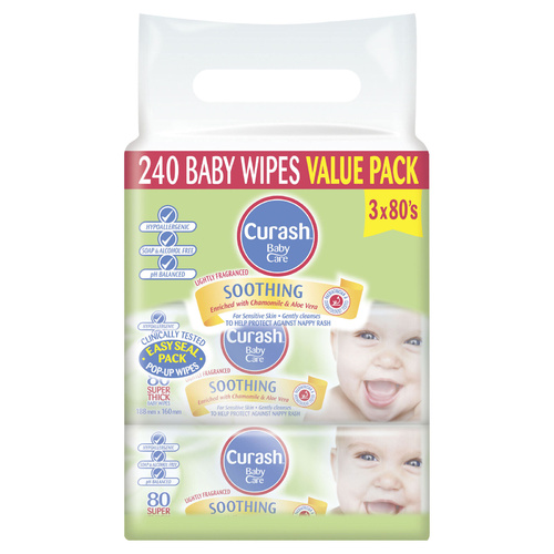 Curash Aloe Vera & Chamomile Wipes 3 x 80 pack