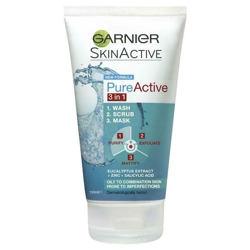 Garnier SkinActive Pure Active 3 in 1 Wash, Scrub & Mask 150mL Unclogs Pores