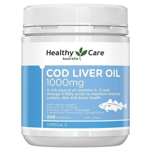 Healthy Care Cod Liver Oil 1000mg 200 Softgel Capsules Maintain Immune System