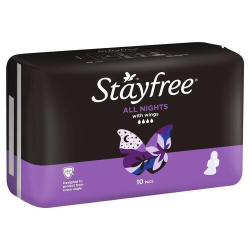 Stayfree All Night Sanitary Pads With Wings 10 Pack