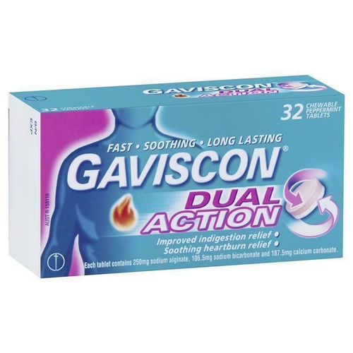Gaviscon Dual Action Chewable Tablets Heartburn & Indigestion Relief 32 Pack