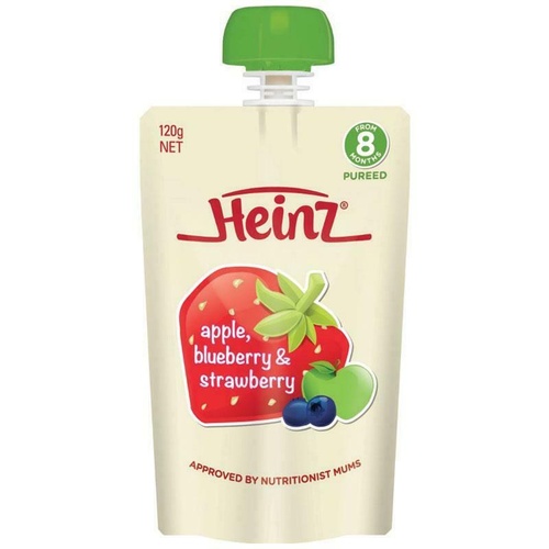 Heinz Apple Blueberry & Strawberry Pouch 120g 8m+ Baby Food Travel Easy