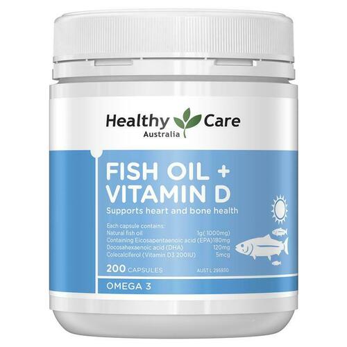 Healthy Care Fish Oil + Vitamin D 200 Capsules Support Heart Bone Health