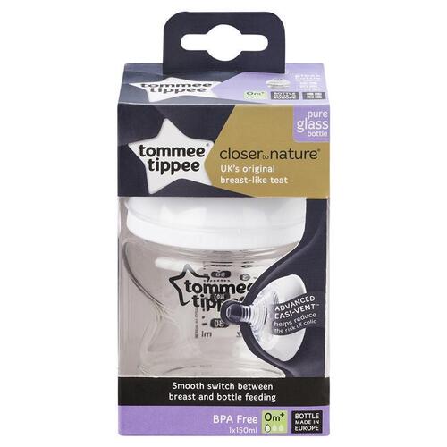 Tommee Tippee Closer to Nature Glass Baby Bottle, Medium Flow, 150ml, Pack of 1