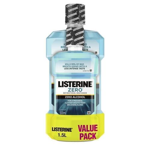 Listerine Zero Alcohol Mouthwash Less Intense Taste Value Pack 1.5L