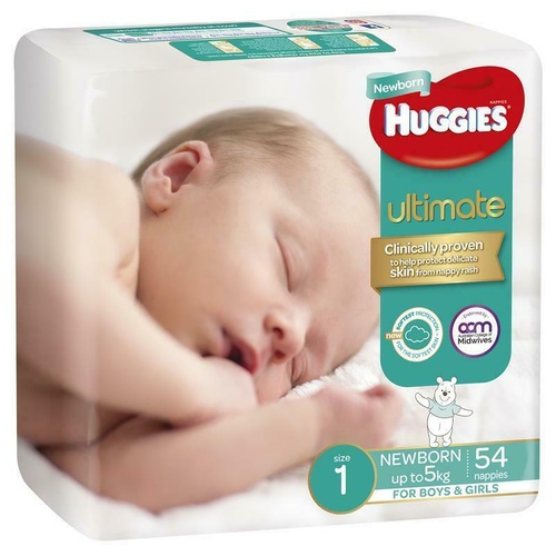 Huggies Ultimate Nappies Size 1 Newborn Bulk 54 Pack 12hrs Leakage Protection