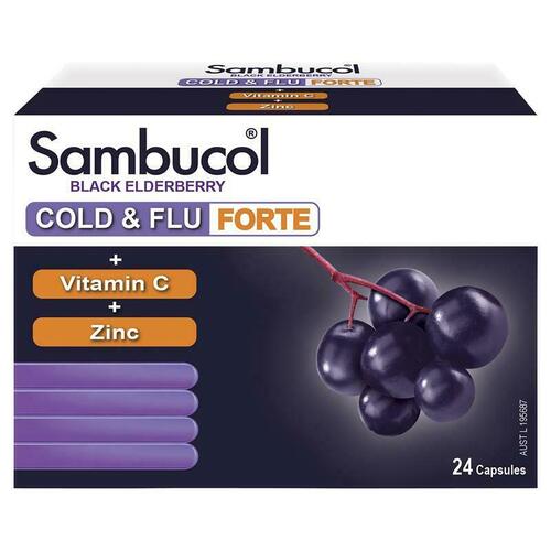 Sambucol Black Elderberry Cold & Flu Forte 24 Capsules For Coughs and Fever