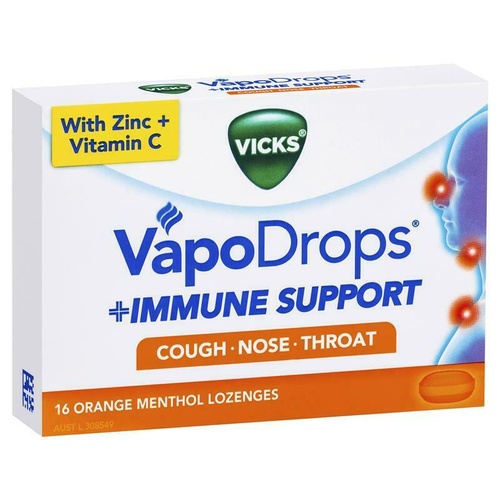 Vicks VapoDrops Immune Support Orange 16 Lozenges Relieves Sore Throat Cough