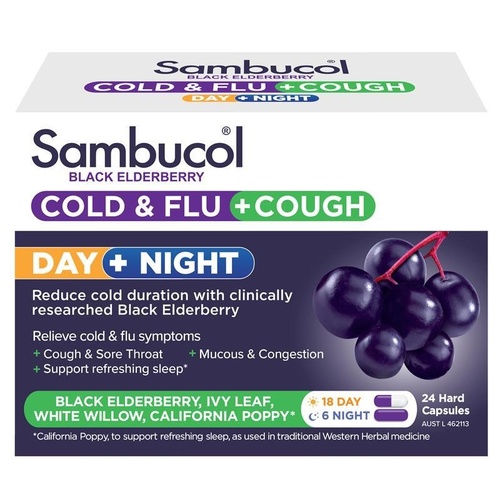 Sambucol Cold & Flu + Cough Day & Night 24 Capsules