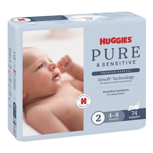 Huggies Pure and Sensitive Nappies Size 2 (4-8 Kg) 74 Pack