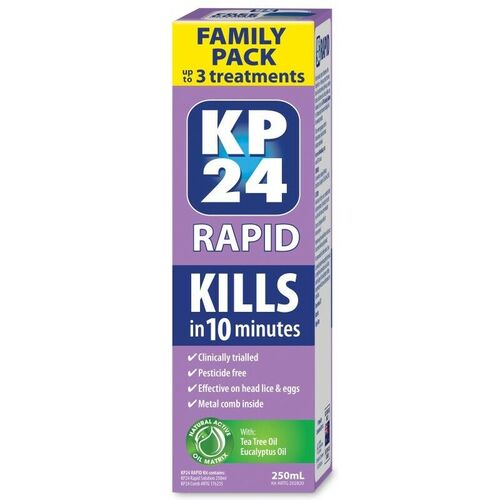 KP24 Rapid Family Pack 250mL 3 Treatments with Metal Comb Kill Head Lice & Eggs